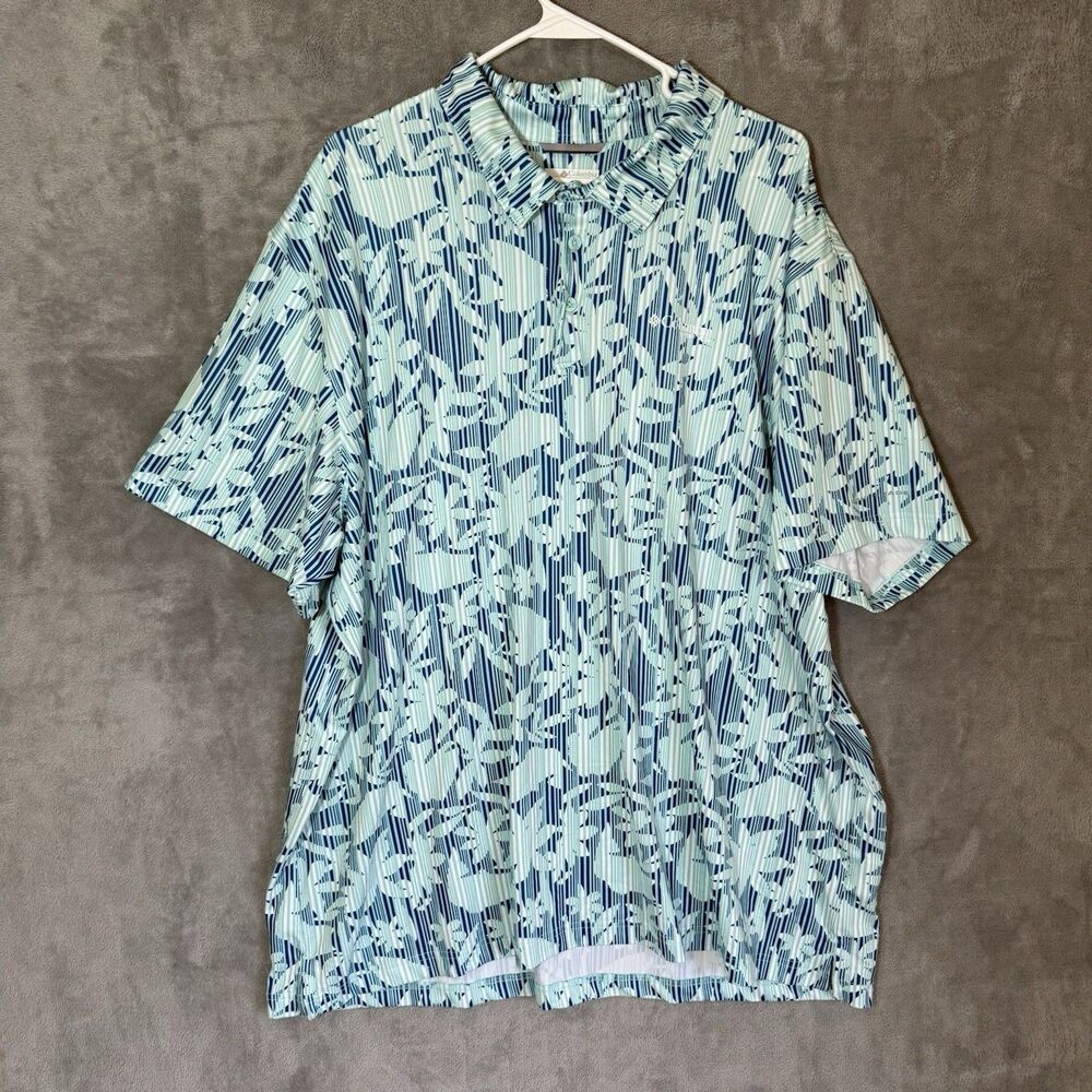 Columbia PFG Mens 2XL Blue Fish Print Performance Fishing Polo Omni-Shade Shirt